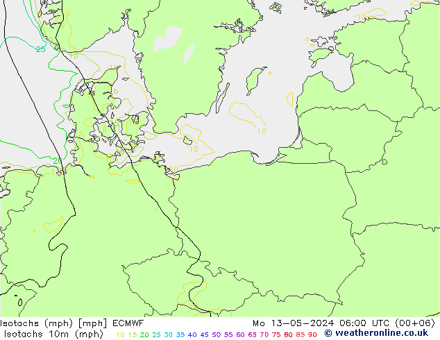 Izotacha (mph) ECMWF pon. 13.05.2024 06 UTC