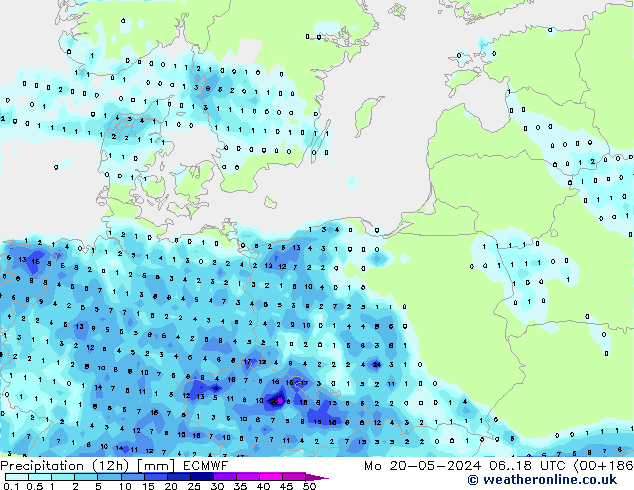 Precipitation (12h) ECMWF Mo 20.05.2024 18 UTC