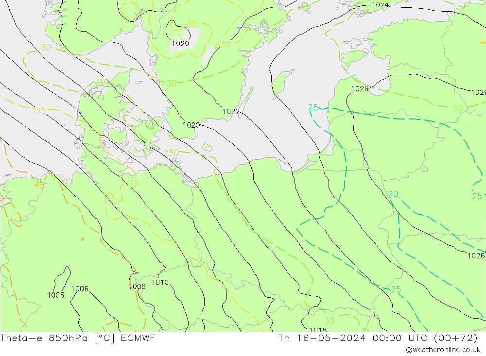 Theta-e 850hPa ECMWF Čt 16.05.2024 00 UTC