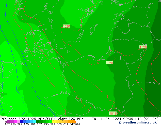 Thck 700-1000 hPa ECMWF Út 14.05.2024 00 UTC