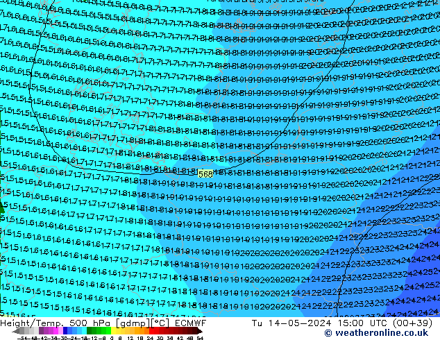 Hoogte/Temp. 500 hPa ECMWF di 14.05.2024 15 UTC
