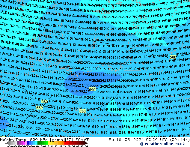 Z500/Rain (+SLP)/Z850 ECMWF nie. 19.05.2024 00 UTC