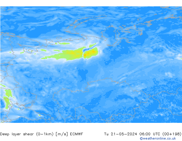 Deep layer shear (0-1km) ECMWF вт 21.05.2024 06 UTC