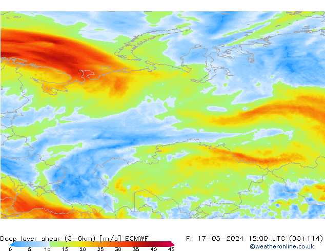 Deep layer shear (0-6km) ECMWF pt. 17.05.2024 18 UTC