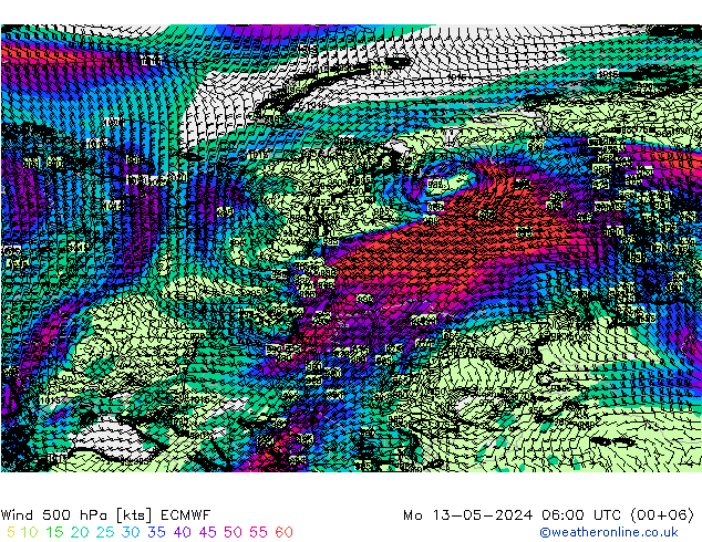 Wind 500 hPa ECMWF Mo 13.05.2024 06 UTC