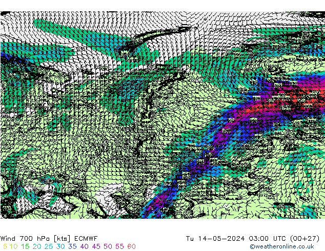 Wind 700 hPa ECMWF Út 14.05.2024 03 UTC