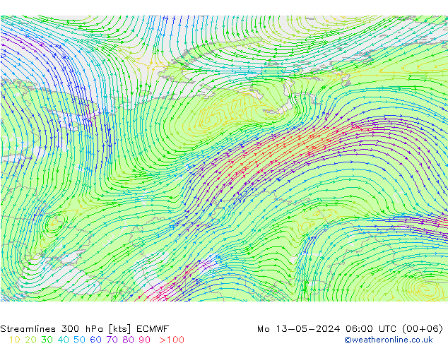 Linea di flusso 300 hPa ECMWF lun 13.05.2024 06 UTC
