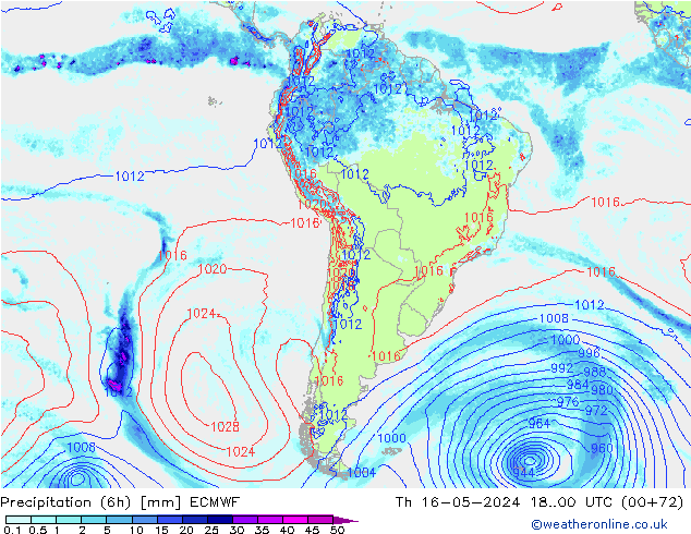 Totale neerslag (6h) ECMWF do 16.05.2024 00 UTC