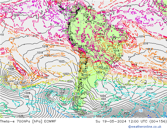 Theta-e 700hPa ECMWF dim 19.05.2024 12 UTC