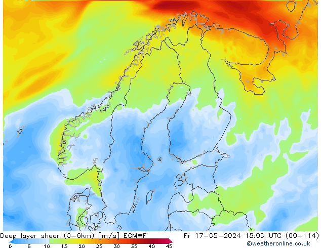 Deep layer shear (0-6km) ECMWF  17.05.2024 18 UTC