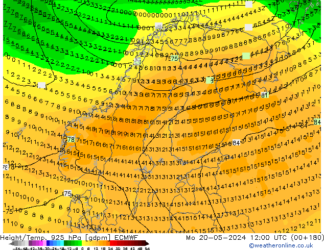 Height/Temp. 925 hPa ECMWF Mo 20.05.2024 12 UTC