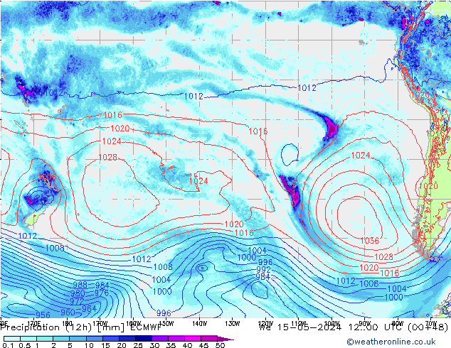 Totale neerslag (12h) ECMWF wo 15.05.2024 00 UTC