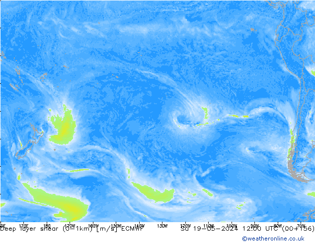 Deep layer shear (0-1km) ECMWF zo 19.05.2024 12 UTC