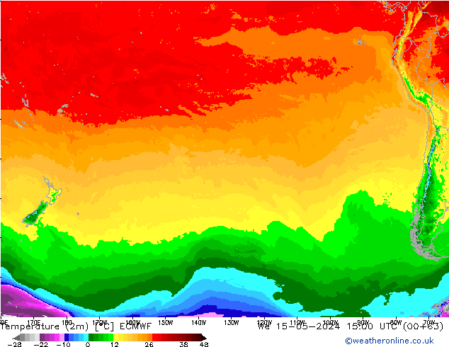 mapa temperatury (2m) ECMWF śro. 15.05.2024 15 UTC