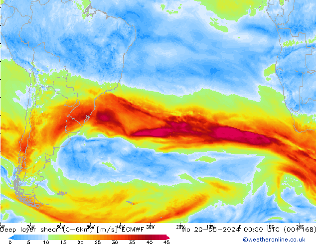 Deep layer shear (0-6km) ECMWF pon. 20.05.2024 00 UTC