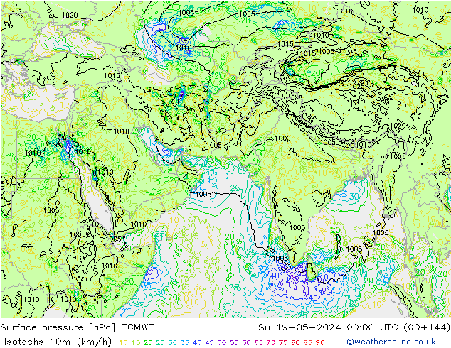 Isotachen (km/h) ECMWF zo 19.05.2024 00 UTC