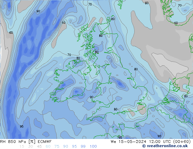 Humidité rel. 850 hPa ECMWF mer 15.05.2024 12 UTC