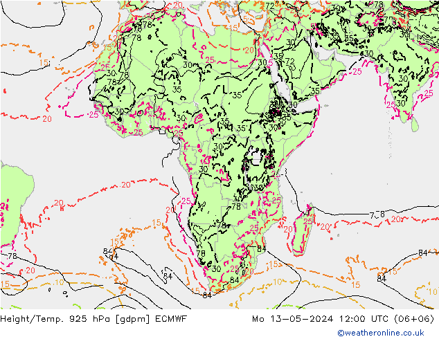 Yükseklik/Sıc. 925 hPa ECMWF Pzt 13.05.2024 12 UTC