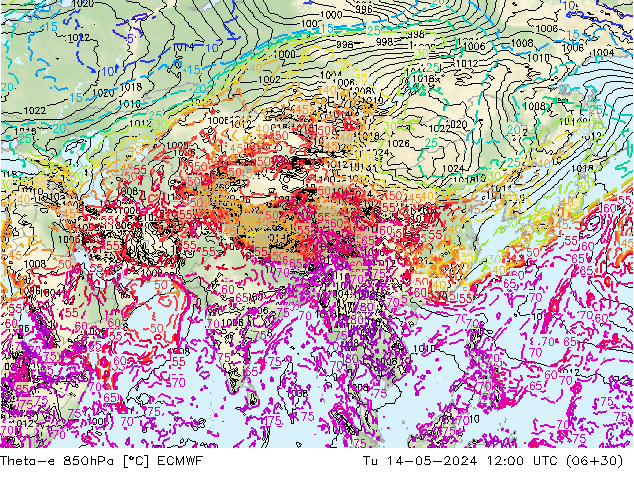 Theta-e 850hPa ECMWF mar 14.05.2024 12 UTC