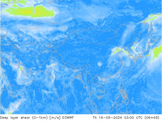 Deep layer shear (0-1km) ECMWF do 16.05.2024 03 UTC