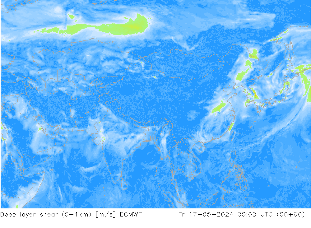Deep layer shear (0-1km) ECMWF vr 17.05.2024 00 UTC