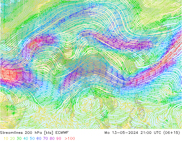 Streamlines 200 hPa ECMWF Po 13.05.2024 21 UTC