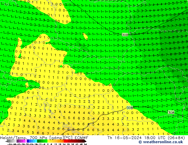 Height/Temp. 700 hPa ECMWF Qui 16.05.2024 18 UTC