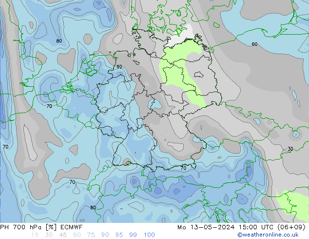 Humidité rel. 700 hPa ECMWF lun 13.05.2024 15 UTC