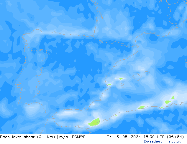 Deep layer shear (0-1km) ECMWF чт 16.05.2024 18 UTC