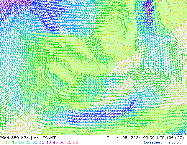 Wind 850 hPa ECMWF Tu 14.05.2024 09 UTC
