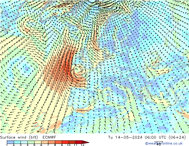 Surface wind (bft) ECMWF Tu 14.05.2024 06 UTC