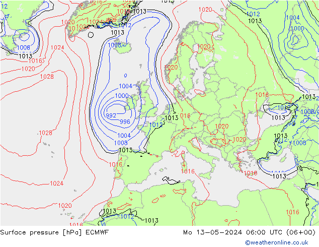 Presión superficial ECMWF lun 13.05.2024 06 UTC