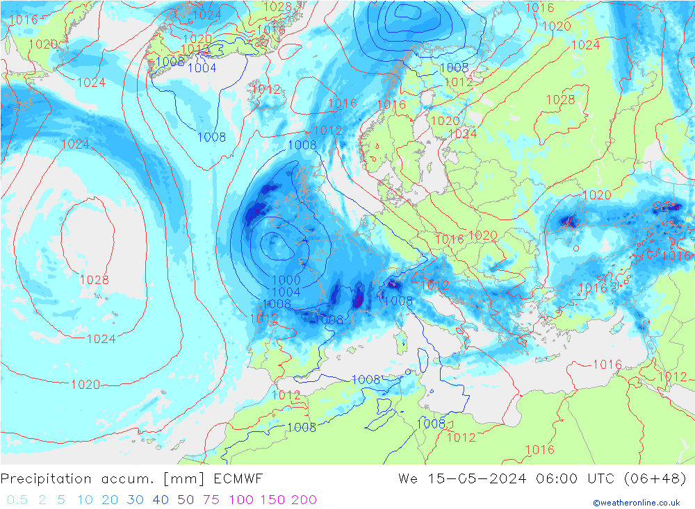 Precipitation accum. ECMWF śro. 15.05.2024 06 UTC