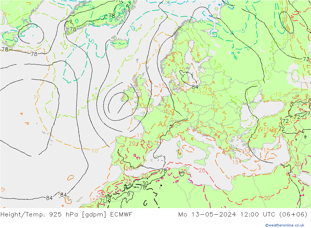 Height/Temp. 925 hPa ECMWF Mo 13.05.2024 12 UTC