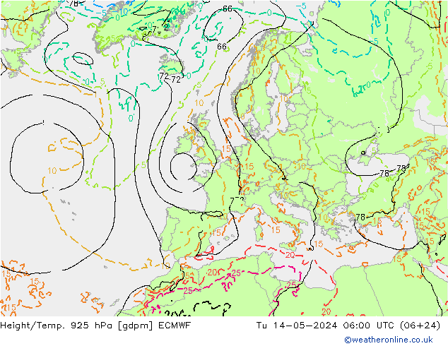 Yükseklik/Sıc. 925 hPa ECMWF Sa 14.05.2024 06 UTC