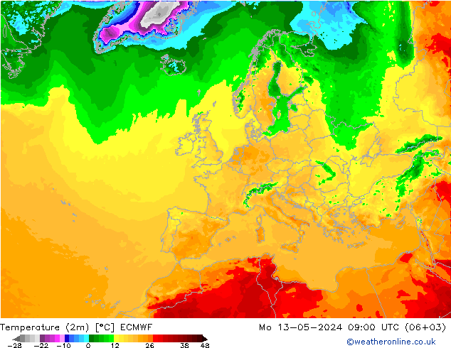 Temperatura (2m) ECMWF Seg 13.05.2024 09 UTC