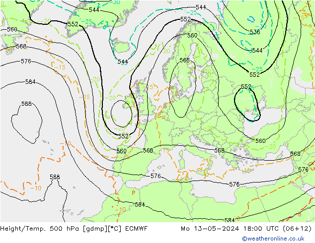 Z500/Rain (+SLP)/Z850 ECMWF Mo 13.05.2024 18 UTC