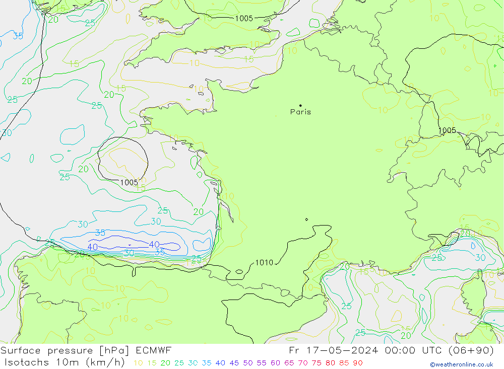 Isotachs (kph) ECMWF Fr 17.05.2024 00 UTC