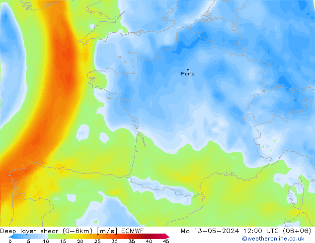 Deep layer shear (0-6km) ECMWF пн 13.05.2024 12 UTC