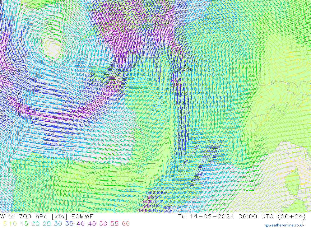 Rüzgar 700 hPa ECMWF Sa 14.05.2024 06 UTC