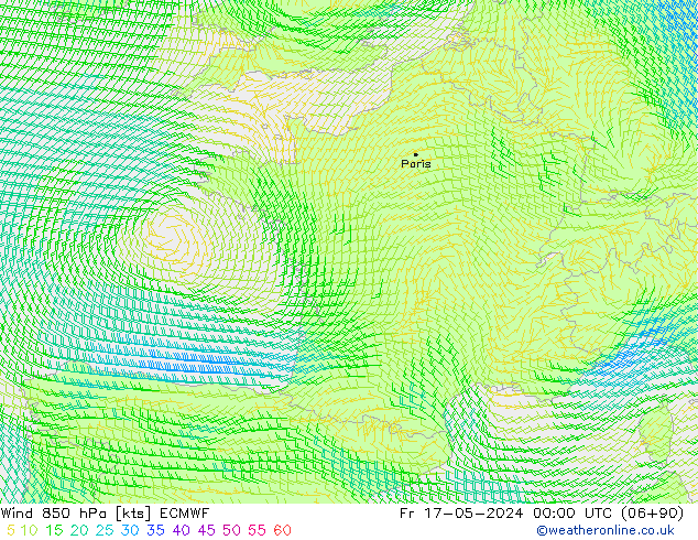 wiatr 850 hPa ECMWF pt. 17.05.2024 00 UTC