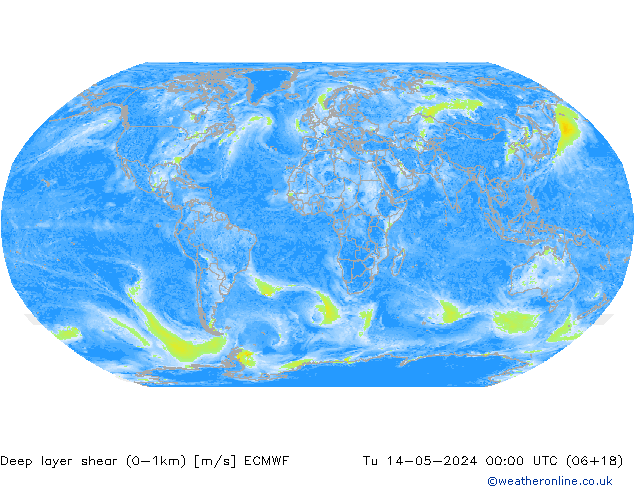Deep layer shear (0-1km) ECMWF Tu 14.05.2024 00 UTC