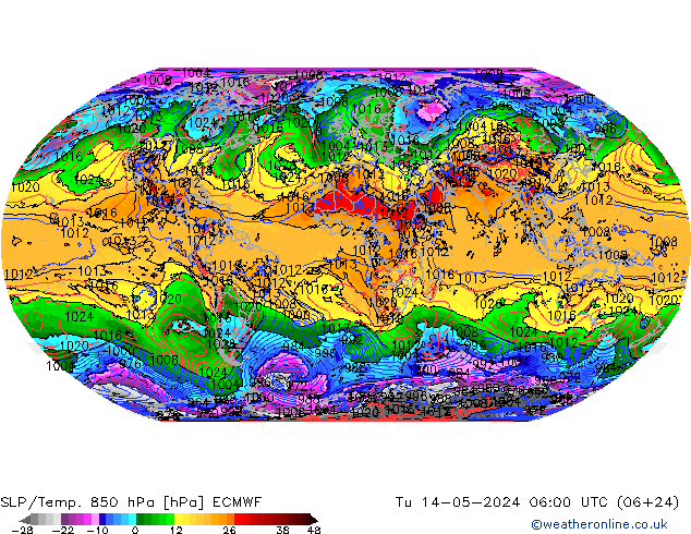 SLP/Temp. 850 hPa ECMWF Di 14.05.2024 06 UTC