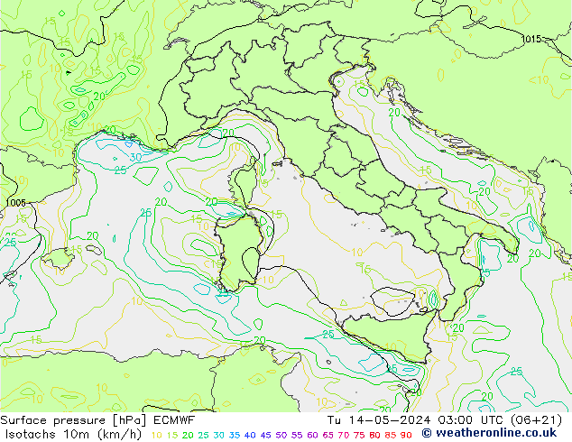 Isotachen (km/h) ECMWF di 14.05.2024 03 UTC