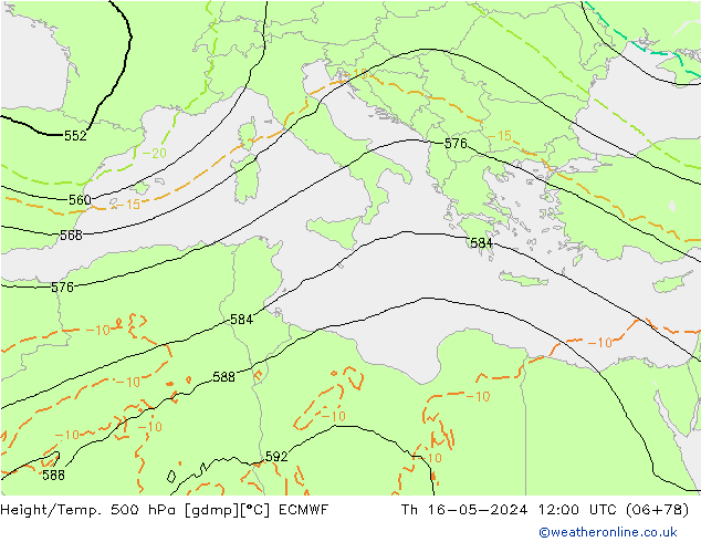 Z500/Rain (+SLP)/Z850 ECMWF Čt 16.05.2024 12 UTC