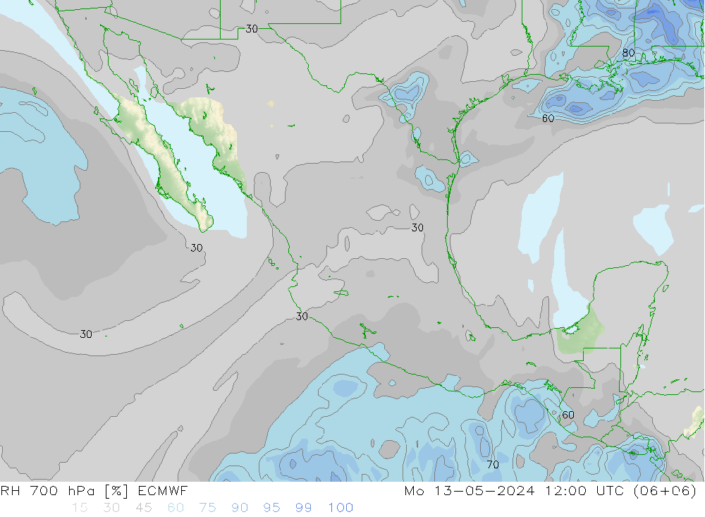 Humedad rel. 700hPa ECMWF lun 13.05.2024 12 UTC