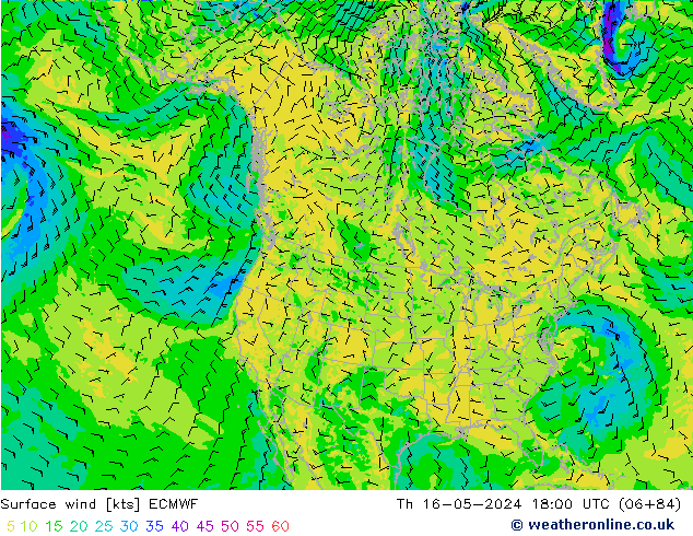 Surface wind ECMWF Čt 16.05.2024 18 UTC