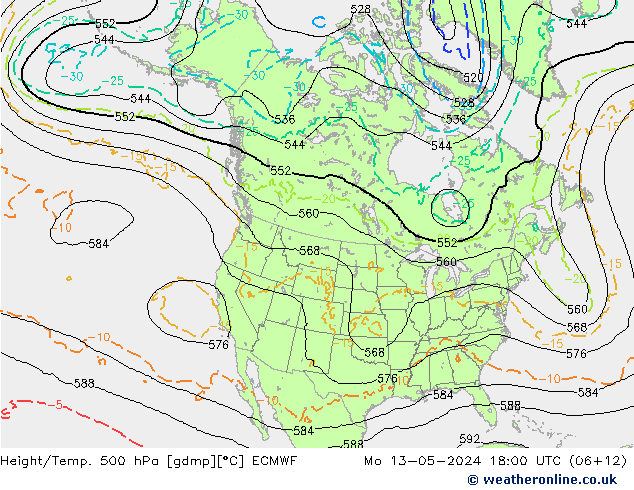 Z500/Rain (+SLP)/Z850 ECMWF Po 13.05.2024 18 UTC