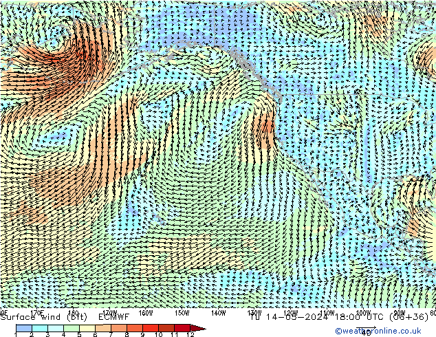 Surface wind (bft) ECMWF Út 14.05.2024 18 UTC