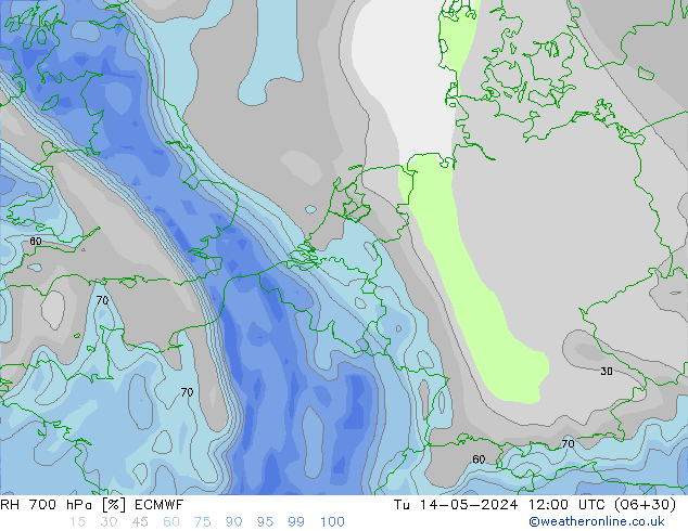 Humidité rel. 700 hPa ECMWF mar 14.05.2024 12 UTC